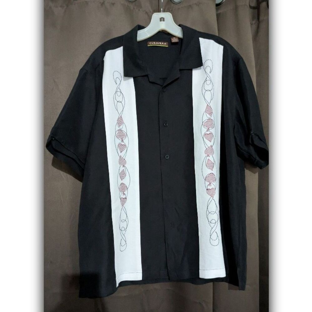 Cubavera Dress Shirt For Men XL Black and Tan Embroidered Short Sleeve
